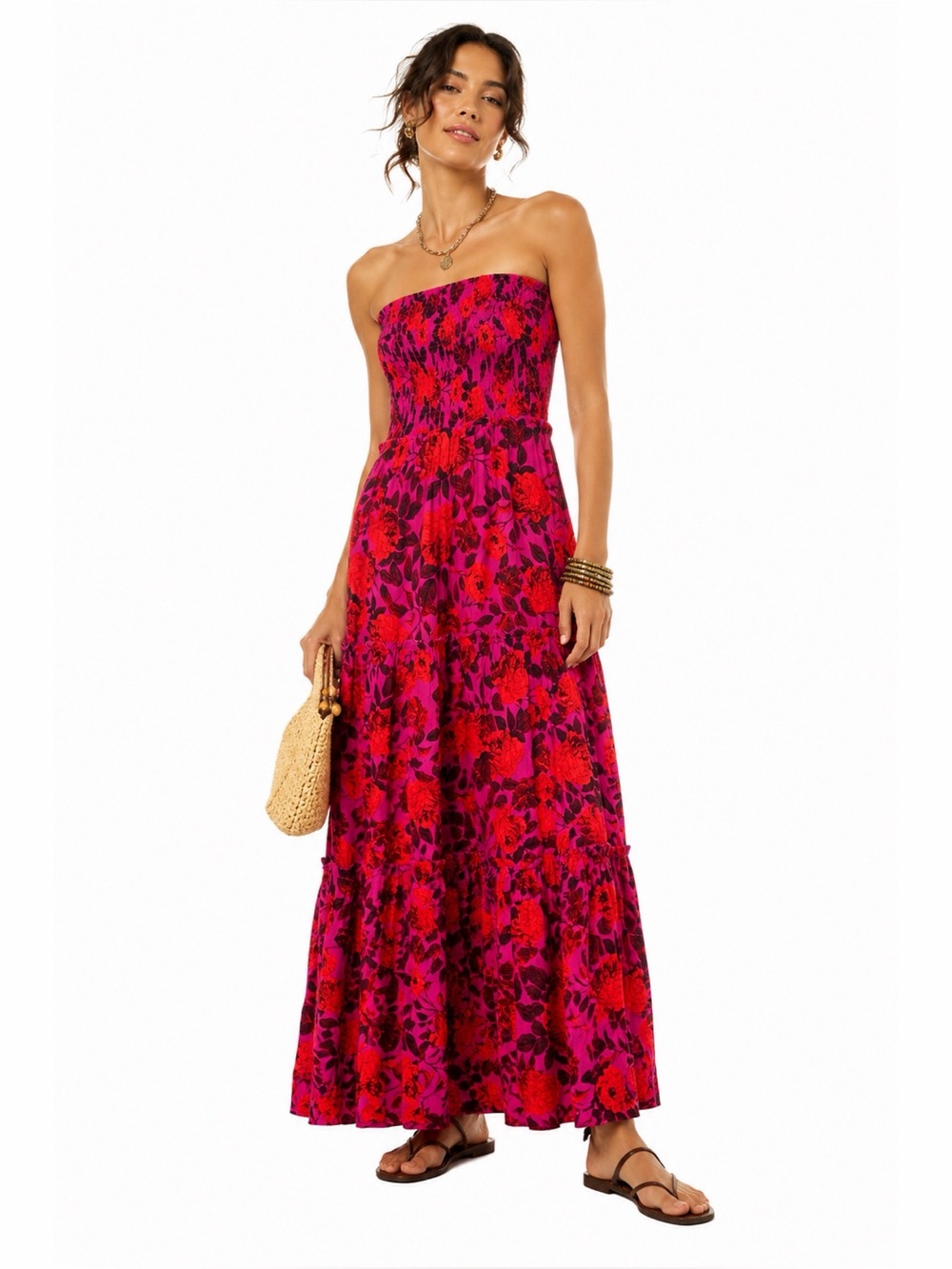 Abel The Label Smocked Moody Floral Strapless Maxi Dress